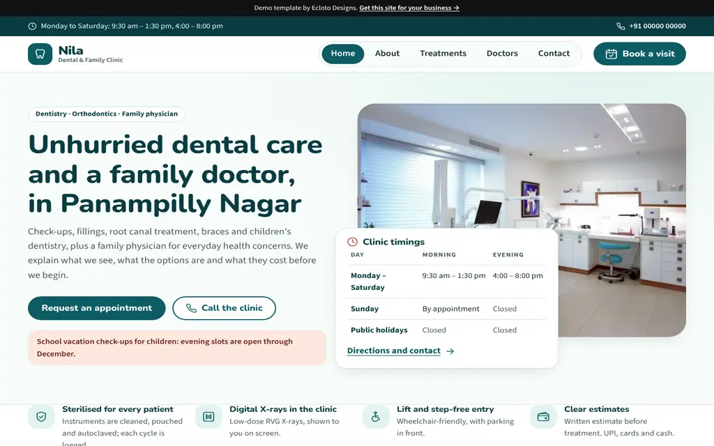 Dental & family clinic template, desktop view of the live demo