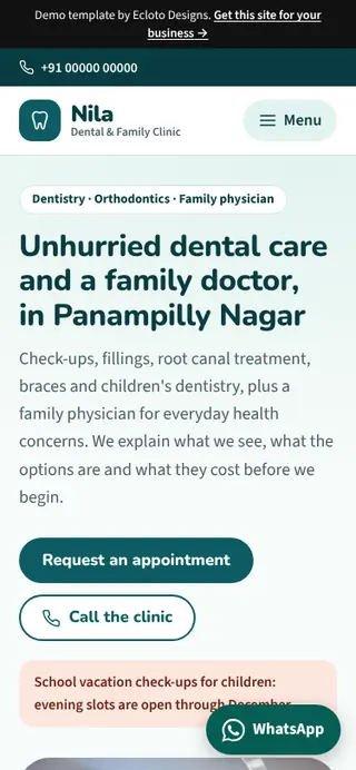 Dental & family clinic template, mobile view of the live demo