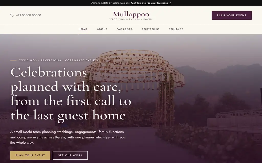 Weddings & events template, desktop view of the live demo