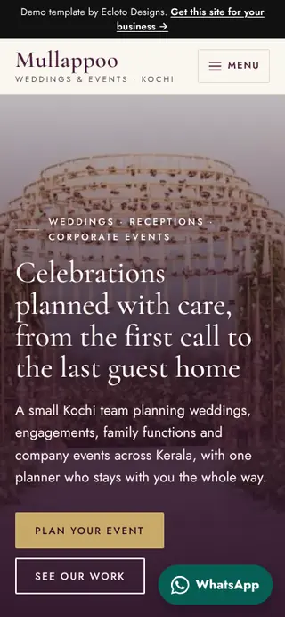 Weddings & events template, mobile view of the live demo