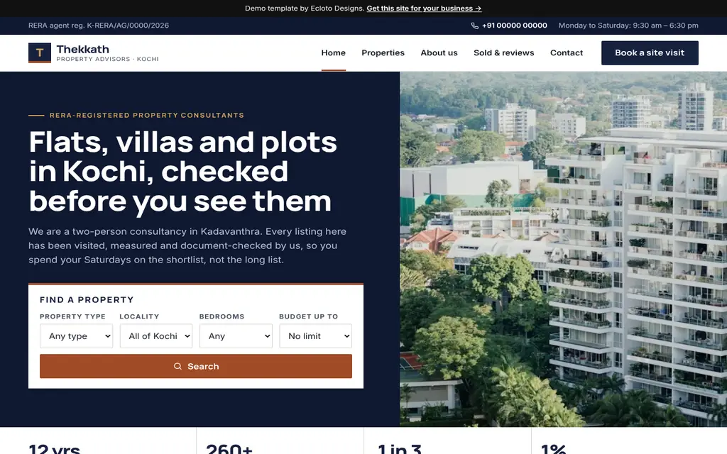 Property consultant template, desktop view of the live demo