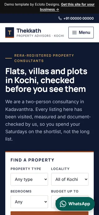 Property consultant template, mobile view of the live demo