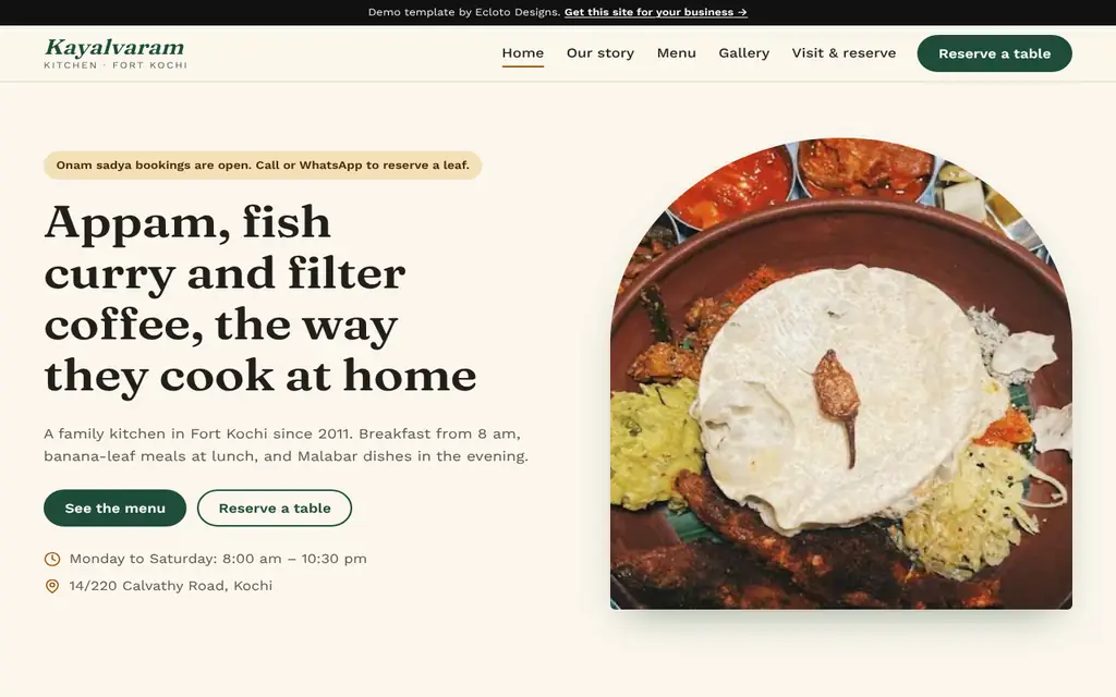Restaurant & café template, desktop view of the live demo
