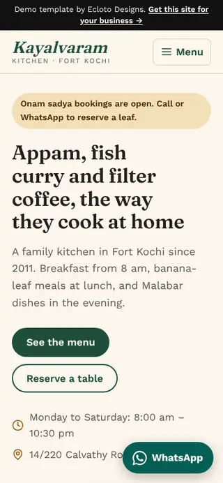 Restaurant & café template, mobile view of the live demo