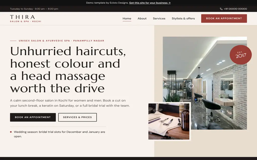 Salon & spa template, desktop view of the live demo