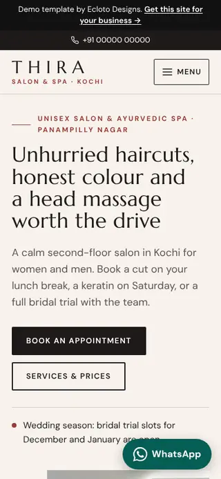 Salon & spa template, mobile view of the live demo